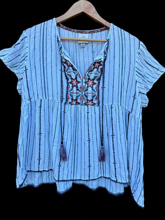 Knox Rose Tops - Knox Rose Boho Top Womens Size XXL White Black Stripe Tassel Tie Flowy